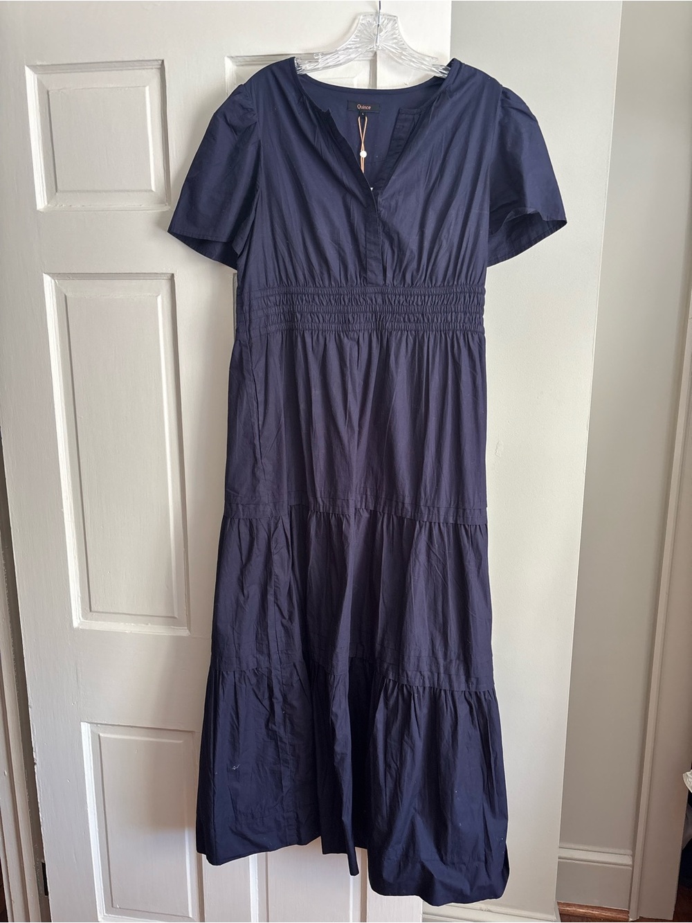 NWT Quince Navy V-Neck short sleeve smocked waist midi dress size L